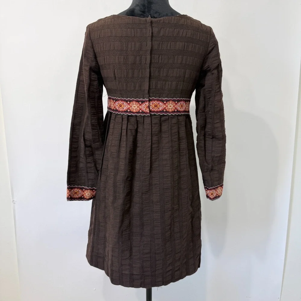 Vintage Brown Textured Long‎ Sleeve Dress Girls Size 11/12 Cotton Folk Earthy